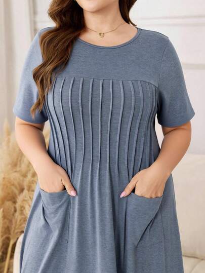 Lacomfia Plus Size Mist Blue Round Neck Short Sleeve Casual Dress With Pockets, Pleated Hem Design, Knit Dress For Plus Size Women