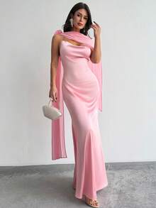 Firerie Elegant, Exquisite, Romantic, Sexy, Luxurious Party, Holiday, Ball, Valentine's Day, Date, Wedding, Guest, Birthday, Vacation Floral Mesh Shawl, Plunging Neckline, Open Back, Criss-Cross Strap, Satin, Mermaid Maxi Dress, Blush Pink - Dusty Pink - View 4