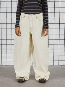 COUREZ Extreme Skate Jeans With Back Square Pockets / Y2K Winter Outfits For Women Street Streetwear Casual Going Out Outfits 2 Piece Sets Stylish Baggy Jean Birthday Outfit - Apricot - View 2