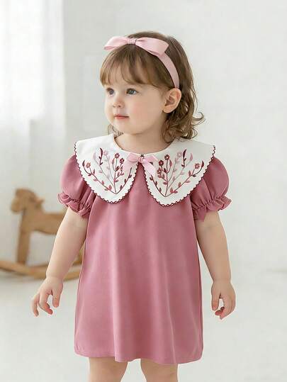 SHEIN Baby Girl Floral Embroidery Patchwork Peter Pan Collar Short Puff Sleeve Cute Dress