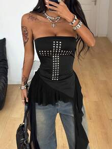 Coolane 女士春夏Y2K图案撞色蕾丝运动筒裙荷叶边迷你裙 - 黑色 - 查看 2