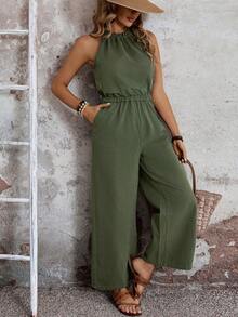 SHEIN LUNE Women's Solid Color Sleeveless Casual Jumpsuit With Pockets, Daily Wear Beach - Green - View 3