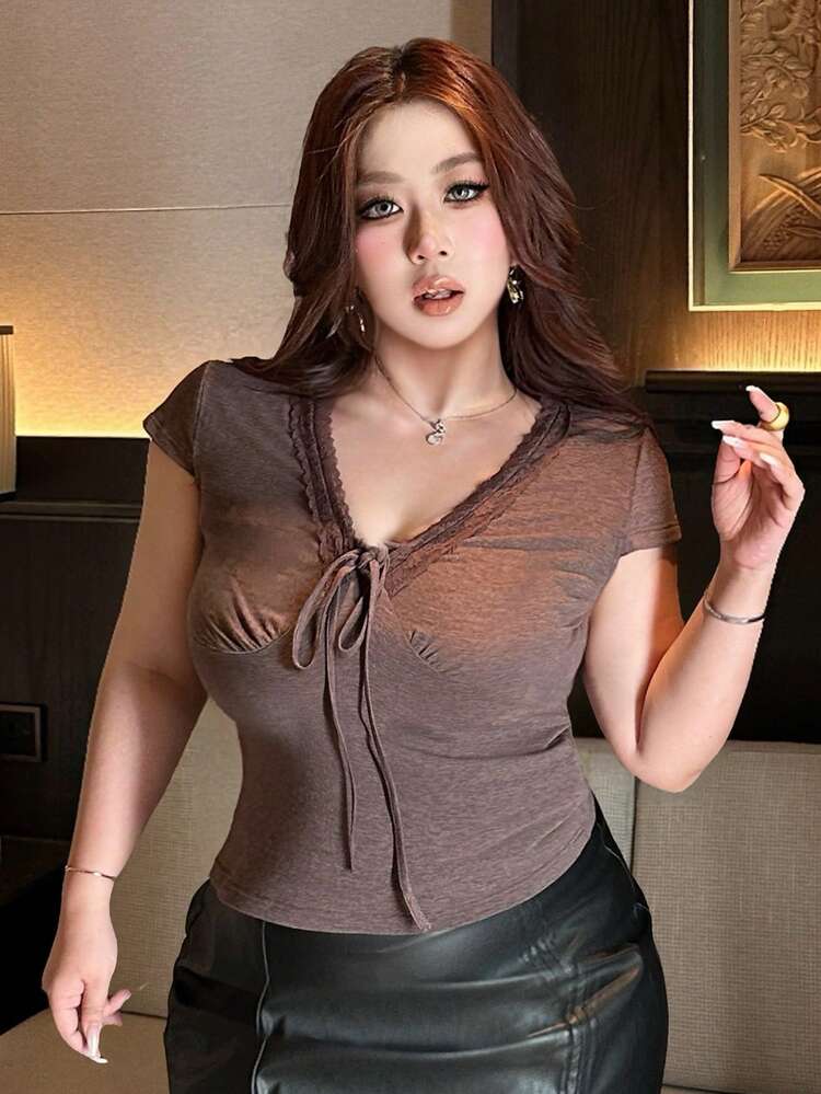 Plus Size Solid Color V-Neck Drawstring Tight Cropped Hooded Sexy T-Shirt Summer