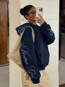 Muchica Women's Navy Blue Knitted Fabric Graphic Hooded Pullover Sweatshirt With Drop Shoulder Wrist-Length Sleeves Letter Pattern And Zipper Details Casual Long Sweatshirt Women Sweatshirts Y2k Women Hoodies Hoodie Hoodies Y2k Women's Hoodie Cropped Hoodie - Navy Blue - View 4