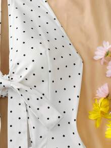 INAWLY Women's White With Black Polka Dots Boho Halter Polka Dot Mini A Line Dress With Shirred Details Sleeveless Flared Hem Holiday Holiday Vacation Summer - White - View 8