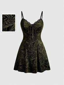 ROMWE Goth Lace Patchwork Velvet Embossed Camisole A-Line Dress - Green - View 1