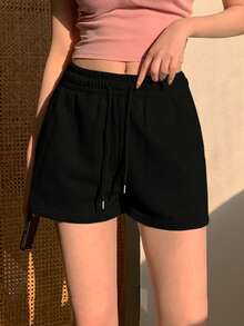 Joudiya Women Casual Solid Color Drawstring Waist Shorts, Summer Sweater Shorts - Black - View 4