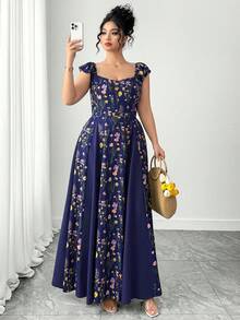 Elenzga Đầm tay ngắn phối màu, kiểu patchwork, cỡ lớn - Màu xanh lam - Xem 5