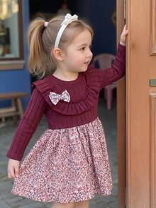 SHEIN 女婴针织圆领荷叶边连衣裙，莲藕粉色 - 酒紅色 - 查看 4