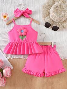 Elladie kids 2件組 4-7歲女童淺粉色花卉裝飾細肩帶上衣（荷葉邊下擺）搭配鬆緊腰短褲套裝，夏季周歲花朵風穿搭 - 粉色 - 查看 5