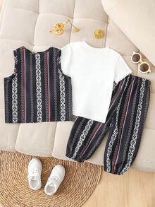 Baby Boy/Girl Unisex Infant Toddler 0-3Y Cartoon Print White Knit Crew Neck Short Sleeve T-Shirt & Elastic Waist Striped Woven Pants & Striped Woven Vest, Suitable For Casual Activities, Festivals, Evening Events, Spring/Summer Outdoor Leisure - Multicolor - View 2