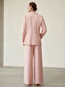 MOTF PREMIUM 2PCS WOMEN'S FASHIONABLE WAIST CINCHED BLAZER AND WIDE LEG SUIT PANTS, PINK - Pink - View 4