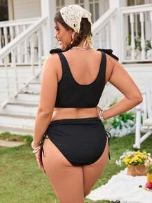 Swim Mod Plus Size 2pcs Black Ribbed V-Neck Top With Sunflower Trim,High Waist Triangle Bottoms Sweet Swimwear Set For Summer,Beach,Vacation,Holiday - Black - View 2