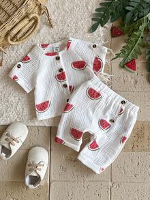 Vintaside Kids Bộ 2 món cho bé sơ sinh, họa tiết dưa hấu và trái cây dễ thương, phong cách đồng quê, chất liệu vải crepe hai lớp mềm mại, thoải mái cho mùa xuân/hè. - trắng - Xem 3