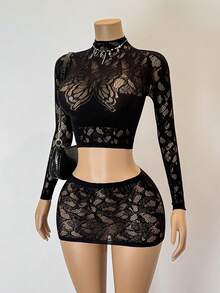 SHEIN Jeanoir 2pcs Women Sexy Crop Top And Mini Skirt Set - Black - View 3