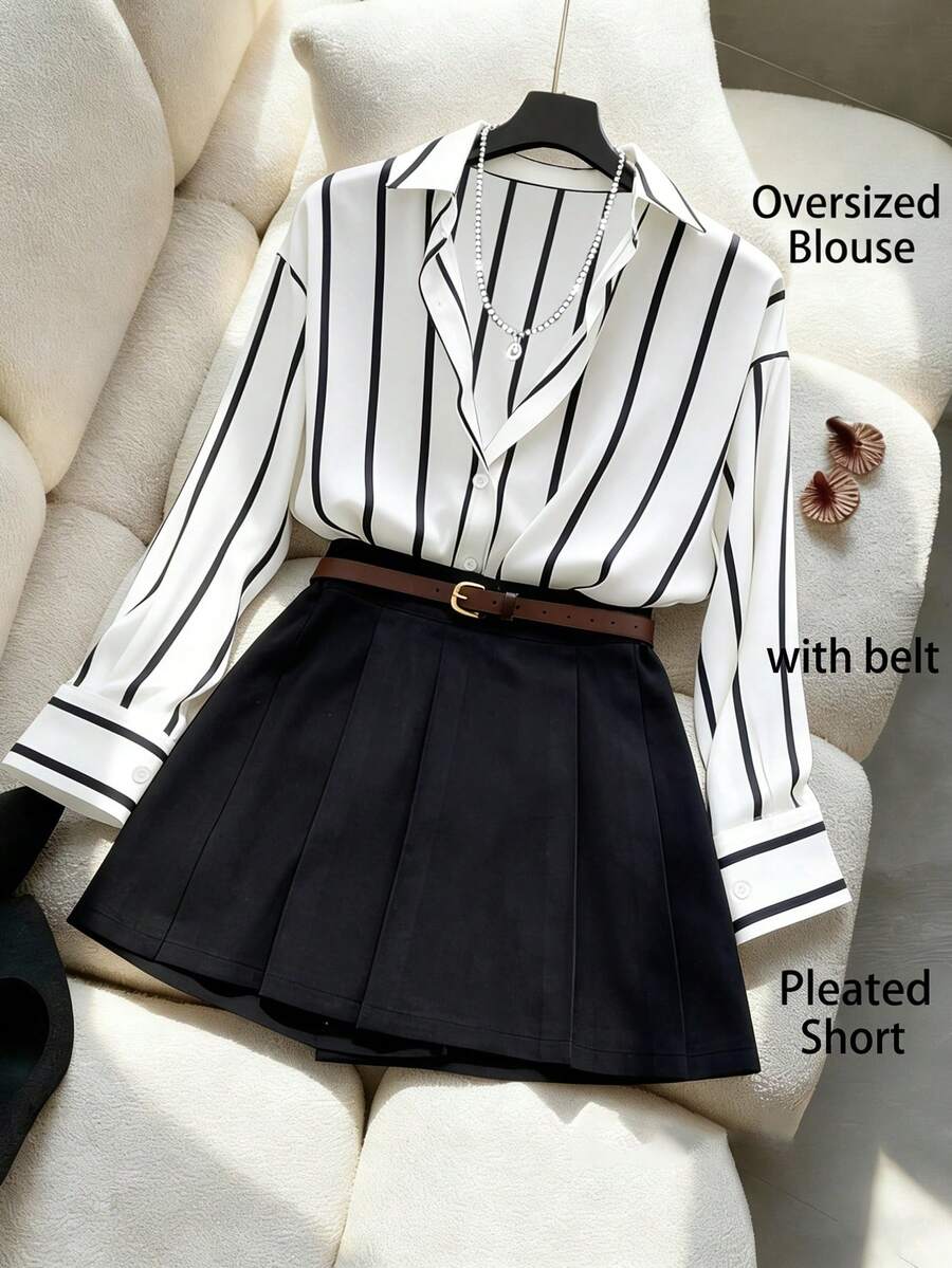 Franclia 2026 New Women's Casual Commuter High-End Feeling Collared Shirt & Pleated Skirt Pants Set, Office Commute Airport Fashion Outfit, 2-Piece - Black - View 1