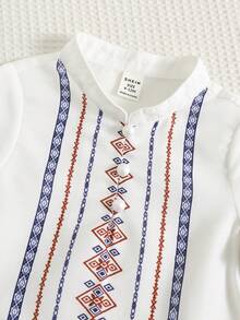 SHEIN 2pcs Baby Boys Vintage Floral Print Mandarin Collar Short Sleeve Shirt And Shorts Set, Spring/Summer - White - View 6