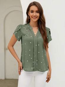 SHEIN Clasi Áo kiểu nữ mùa hè đi biển tay cánh hoa in hình trái tim, thích hợp mặc đi biển. - Màu xanh Ô liu - Xem 6