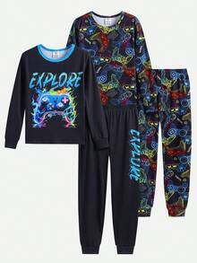 SHEIN 4pcs Kids/Tween Boys' Casual Comfortable Printed Crew Neck Long Sleeve Pajama Top And Leggings 2 Pieces Sleepwear Set, 4-Piece Set, 2 Designs - Multicolor - View 3