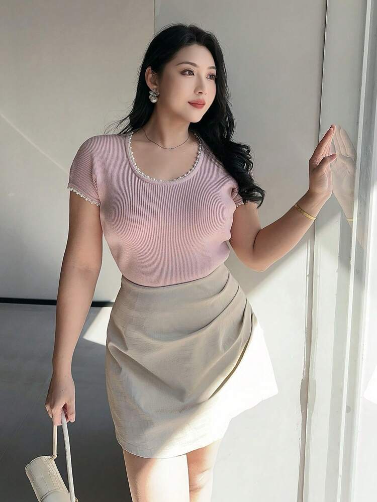 Dazy Plus Crew Neck Pearl Decor Tight Cropped Pink Knit Top, Spring/Summer