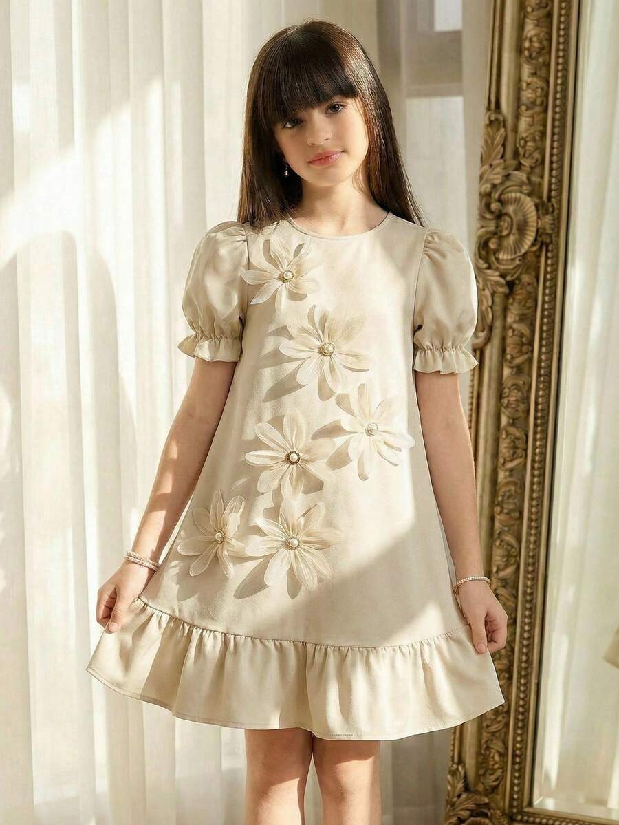 SHEIN 少女纯色泡泡袖3D立体花朵装饰A字连衣裙,香槟色,适合派对、婚礼花童等场合。 - 杏色 - 查看 1