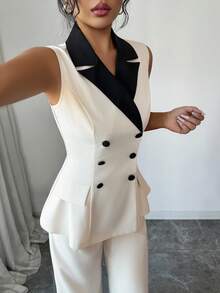 Elenzga Women's Elegant Commuter Elegant Sleeveless Contrast Color Waist A-Line Pants Suit, Suitable For Daily Wear, Work Commute And More Occasions, Spring/Autumn - Apricot - View 4