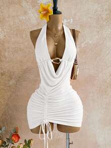 Soleia Women's Solid Color Plunging Neck Metal Decor Sexy Halter Mini Dress, Vacation - White - View 8