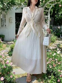 Feyla Women's New Romantic French Design Floral Blouse & A-Line Midi Skirt Set - Apricot - View 6