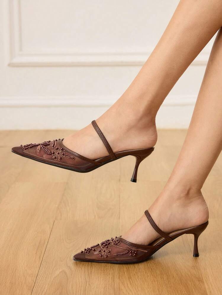CUCCOO HITCHD Women's Elegant Pointy Toe Slingback High Heels With Beaded Mesh, Romantic Lace Design, Black Color, Suitable For Weddings, Parties, Formal Occasions Valentine's Day Elegant Shoes Wedding Shoes Summer Shoes Bride Shoes