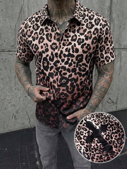 GENTILAND Men's Casual Ombre Leopard Print Button Front Short Sleeve Shirt, Summer Animal Print Men Shirt Mens Vaca Shirts Men Leopard Shirt Double Sided Printing 220 Shirt Cow Print Shirt
