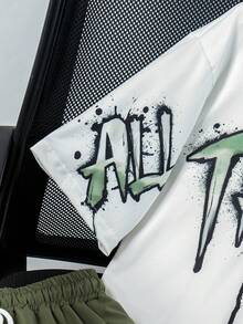 两件套青少年男童休闲印花T恤和宽松工装短裤套装 - 軍綠色 - 查看 6