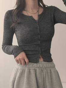 DAZY 女士纯色单排扣罗纹长袖短款T恤 - 灰色 - 查看 3