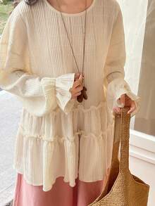 FRIFUL Women's Solid Color Round Neck Long Sleeve Textured Fabric Cuff Gathered Loose Casual Versatile T-Shirt - Apricot - View 5
