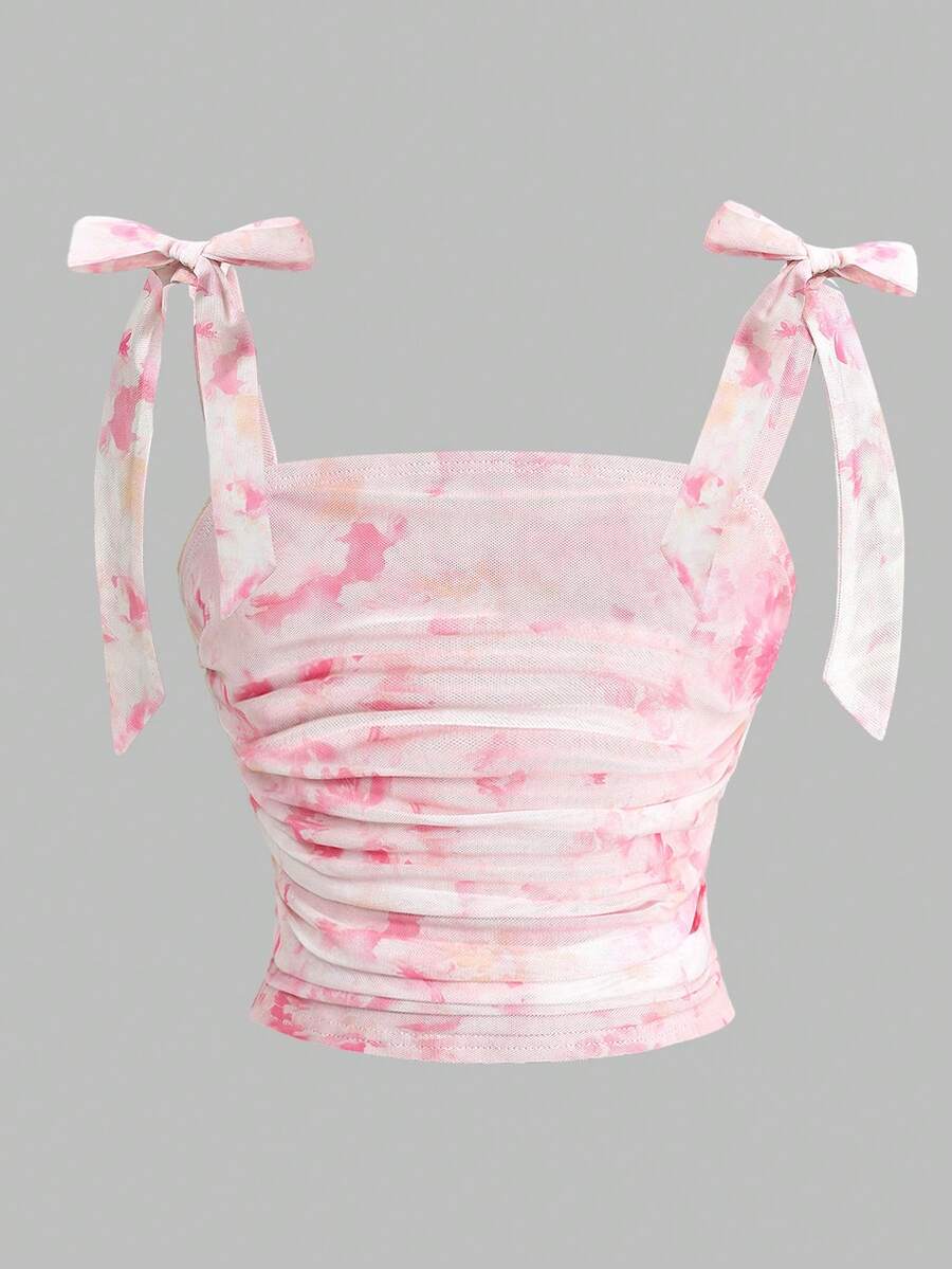 Girlism Tween Girls' Spring/Summer Knit Mesh Printed Ruched Waist Pink Tie-Dye Bowknot Strap Cropped Top Camisole - Pink - View 1