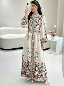 SHEIN 少女碎花灯笼袖收腰A字连衣裙 - 米色 - 查看 1