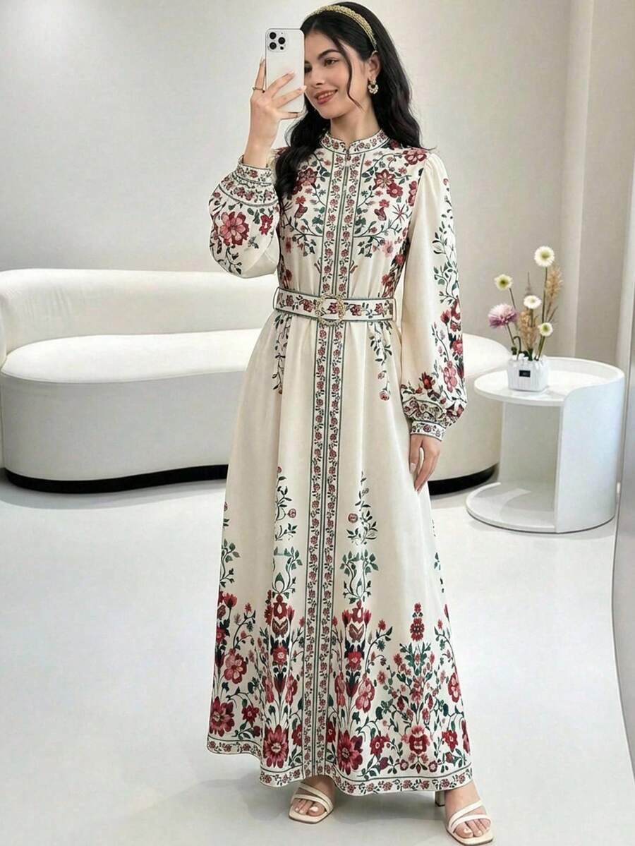 SHEIN 少女碎花灯笼袖收腰A字连衣裙 - 米色 - 查看 1