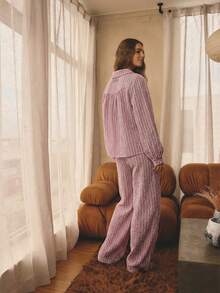 Aralina Sleepwear 2pcs Striped Collared Ruffle Neck Long Sleeve Balloon Sleeve Button Down Shirt And Wide Leg Long Pants Matching Set , Cute Cosy Christmas Pajamas - Dusty Pink - View 7