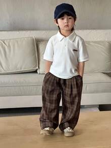 DAZY Young Boy Casual Fashion Street Plaid Print Drawstring Waist Loose Wide Leg Pants - Brown - View 3