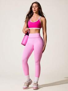 SHEIN Sovereign Charm Seamless Knit Women's Adjustable Strap Removable Contrast Color Sports Bra - Hot Pink - View 5