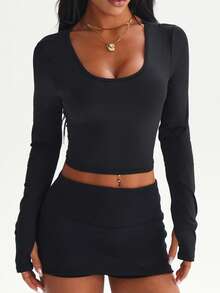 Dewbera 女士黑色紧身长袖圆领运动上衣，带拇指孔和镂空后背设计，适合休闲穿着、跑步、瑜伽、健身、网球、高尔夫等，秋冬季款。