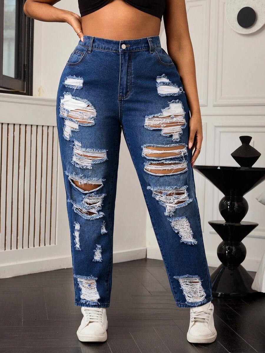 SHEIN SXY Plus Size Distressed Loose Mom Jeans - Dark Wash - View 1