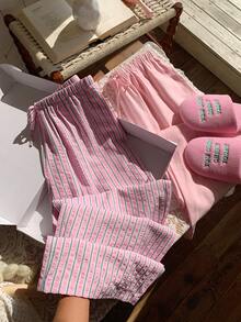 Comfortcana 两件套女士休闲家居度假装，轻盈的粉色条纹裤，适合春夏、度假、居家穿着，也适合返校季，搭配不同颜色套装，保持好心情，可搭配夏季短裤。 - 彩色 - 查看 1