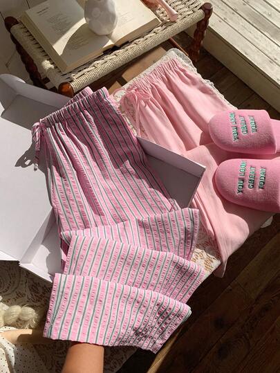 Comfortcana 2 st/set damkläder för vardag och heminredning, lätta pastellrosa randiga byxor, lämpliga för vår/sommar, semester, heminredningsstyling, skolstartsoutfit, matchande olika färger för att hålla gott humör, kan kombineras med sommarshorts