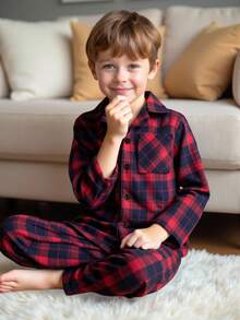 2 piezas Conjunto de camisa a cuadros clásica y pantalones para niño pequeño, ropa de estar en casa informal