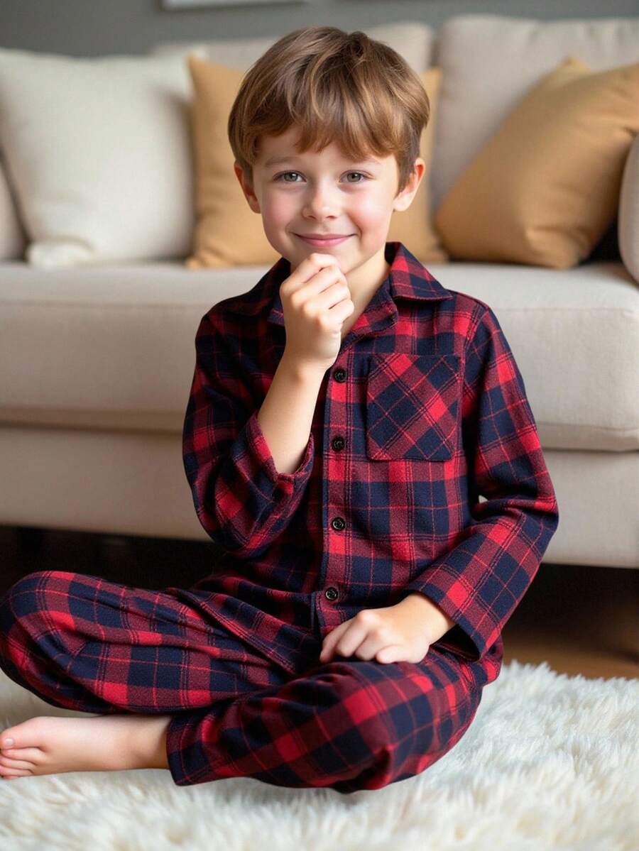 2 piezas Conjunto de camisa a cuadros clásica y pantalones para niño pequeño, ropa de estar en casa informal