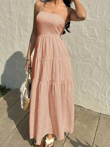 Sunnyshic Vestido suelto y fluido con camisola de cordón plisado de tela texturizada de melocotón, estilo favorecedor y de vacaciones, sin mangas - Naranja - Ver 5