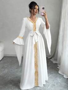 Elenzga Damen einfaches Glockenärmel-Kleid für den täglichen Gebrauch, Goldfarbe - Weiss - Übersicht 1