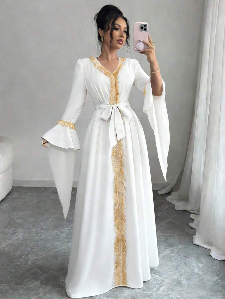 Elenzga Damen einfaches Glockenärmel-Kleid für den täglichen Gebrauch, Goldfarbe - Weiss - Übersicht 1