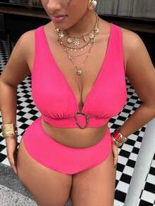 Swim Vcay Plus Size Solid Color Metal Decor Women Swimwear Top - Pink - View 5