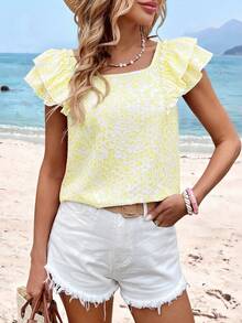 Sylviya Women's Casual Tiny Ditsy Floral Bow Back Ruffle Short Cap Sleeve Blouse, Suitable For Spring/Summer Daily, Vacation - Yellow - View 3